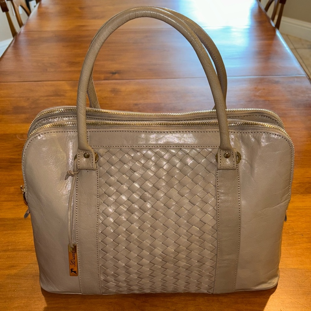 ASHWOOD TAUPE LEATHER TOTE BAG D RINGS SHOULDER 2 WAY OPTION Lattice Front EUC🌸